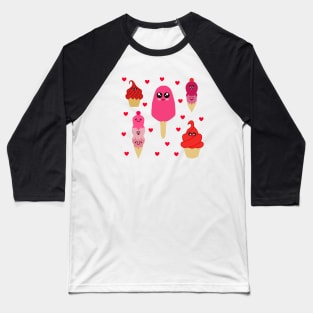 Cute Kawaii Ice Cream Combo With Hearts Baseball T-Shirt